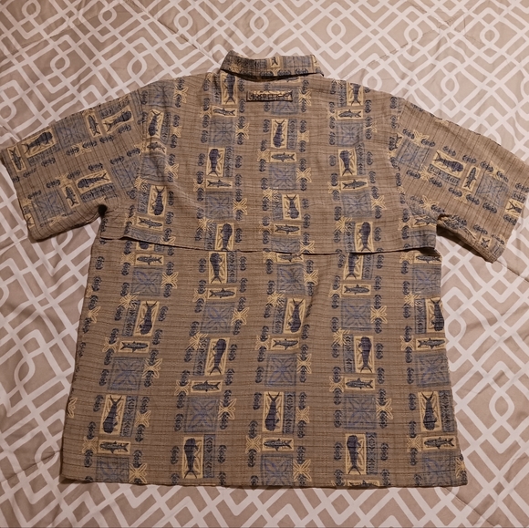 Exofficio Men's Medium Tan Blue Hawaiian Fishing S/S Button Down Vented Shirt - Picture 4 of 11